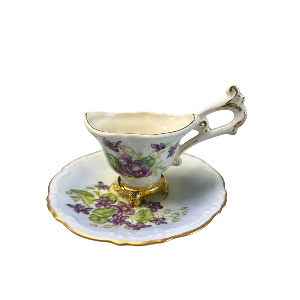Vintage Germany Hand Decorated d'Iéna Violet Footed‎ Creamer & Saucer